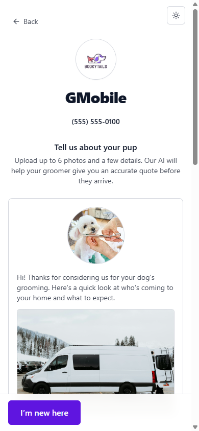 BookyTails customer intake form on iPhone, groomer logo, business name, intake instructions, and groomer van photo